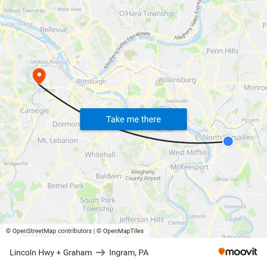 Lincoln Hwy + Graham to Ingram, PA map