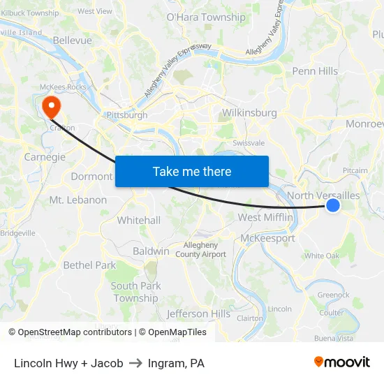 Lincoln Hwy + Jacob to Ingram, PA map
