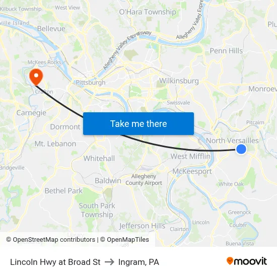Lincoln Hwy at Broad St to Ingram, PA map