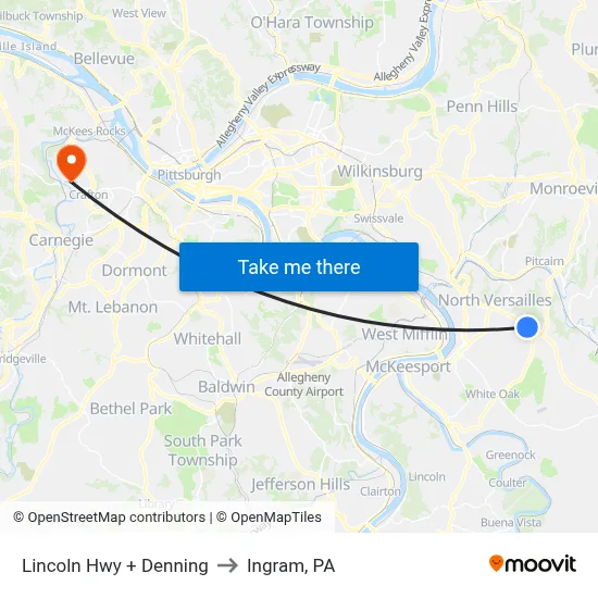 Lincoln Hwy + Denning to Ingram, PA map