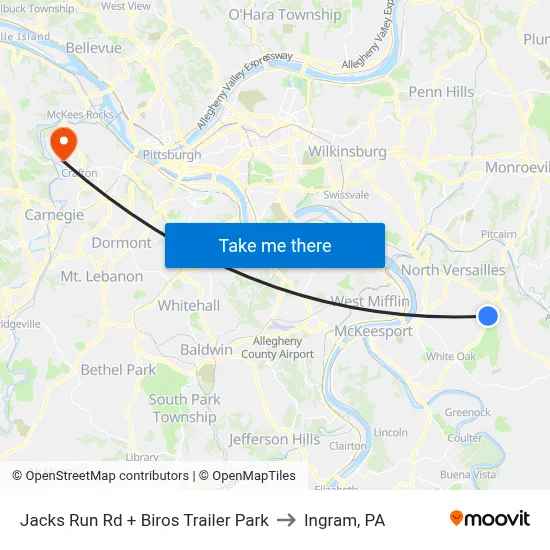 Jacks Run Rd + Biros Trailer Park to Ingram, PA map