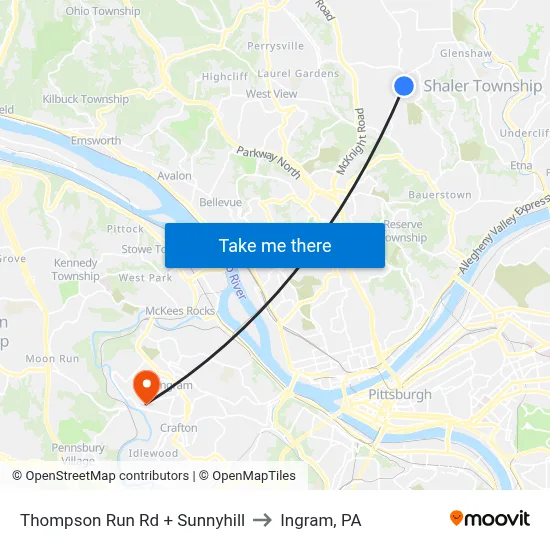Thompson Run Rd + Sunnyhill to Ingram, PA map