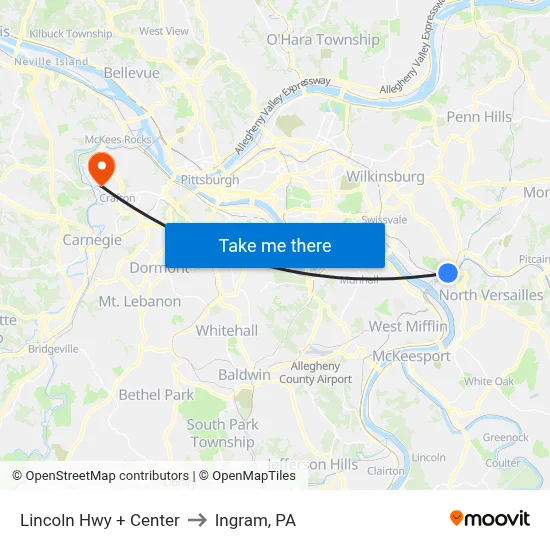 Lincoln Hwy + Center to Ingram, PA map