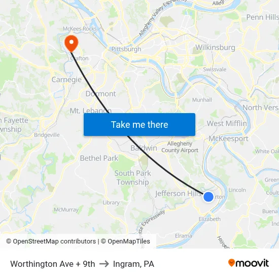 Worthington Ave + 9th to Ingram, PA map