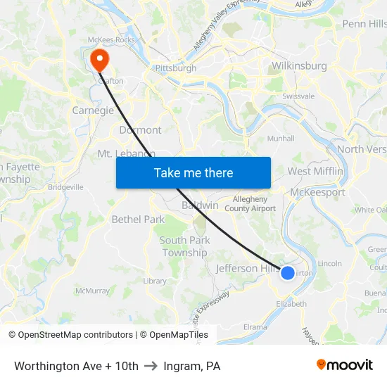 Worthington Ave + 10th to Ingram, PA map