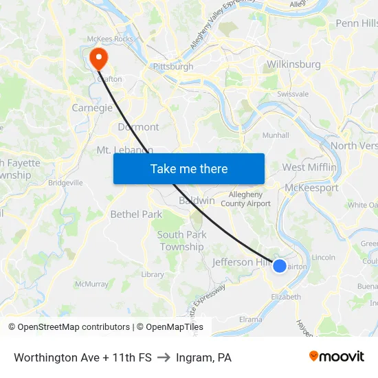 Worthington Ave + 11th FS to Ingram, PA map