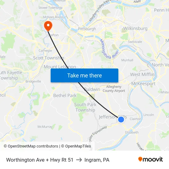 Worthington Ave + Hwy Rt 51 to Ingram, PA map