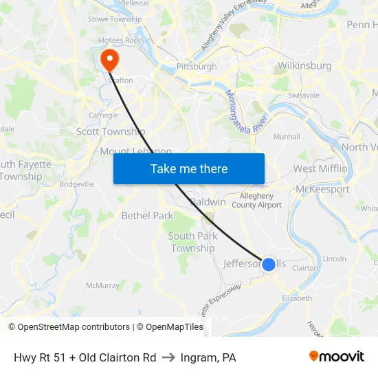 Hwy Rt 51 + Old Clairton Rd to Ingram, PA map