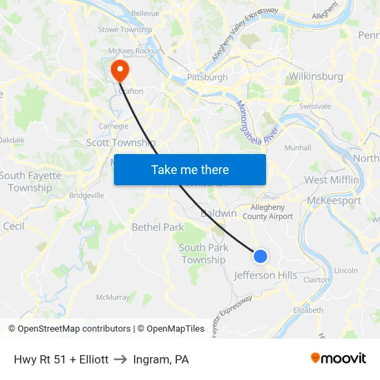 Hwy Rt 51 + Elliott to Ingram, PA map