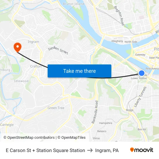 E Carson St + Station Square Station to Ingram, PA map