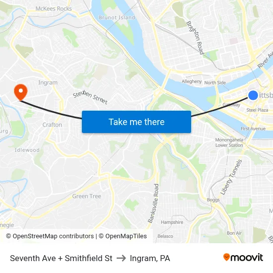 Seventh Ave + Smithfield St to Ingram, PA map