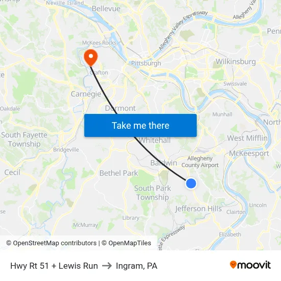 Hwy Rt 51 + Lewis Run to Ingram, PA map