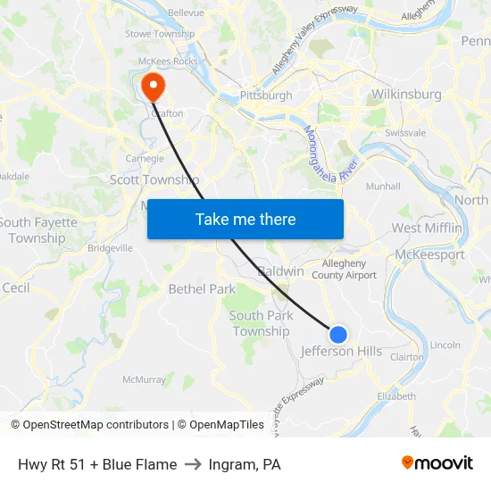 Hwy Rt 51 + Blue Flame to Ingram, PA map
