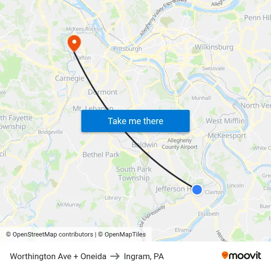 Worthington Ave + Oneida to Ingram, PA map