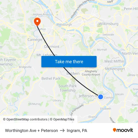 Worthington Ave + Peterson to Ingram, PA map