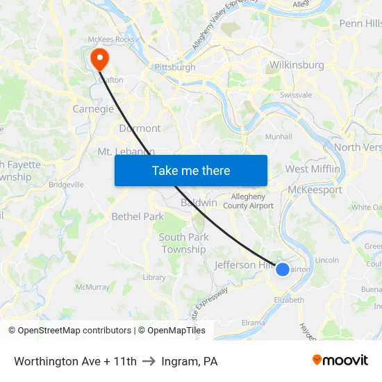 Worthington Ave + 11th to Ingram, PA map