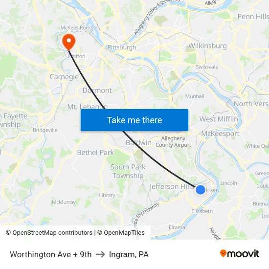 Worthington Ave + 9th to Ingram, PA map