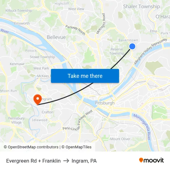 Evergreen Rd + Franklin to Ingram, PA map
