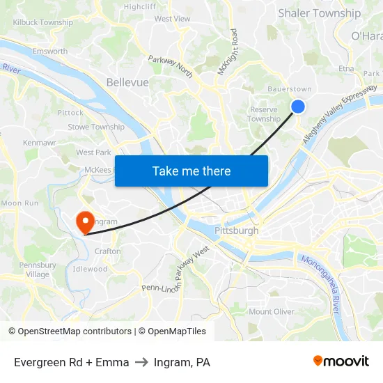 Evergreen Rd + Emma to Ingram, PA map
