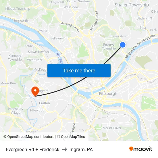 Evergreen Rd + Frederick to Ingram, PA map