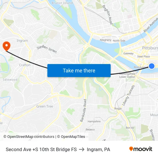 Second Ave +S 10th St Bridge FS to Ingram, PA map
