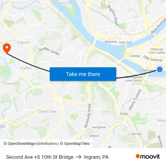 Second Ave +S 10th St Bridge to Ingram, PA map