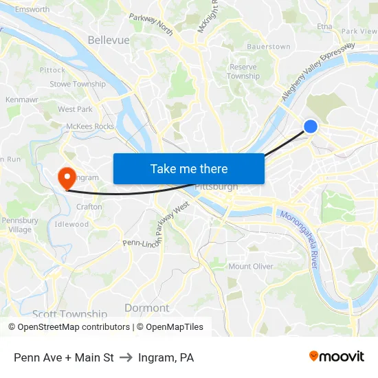 Penn Ave + Main St to Ingram, PA map