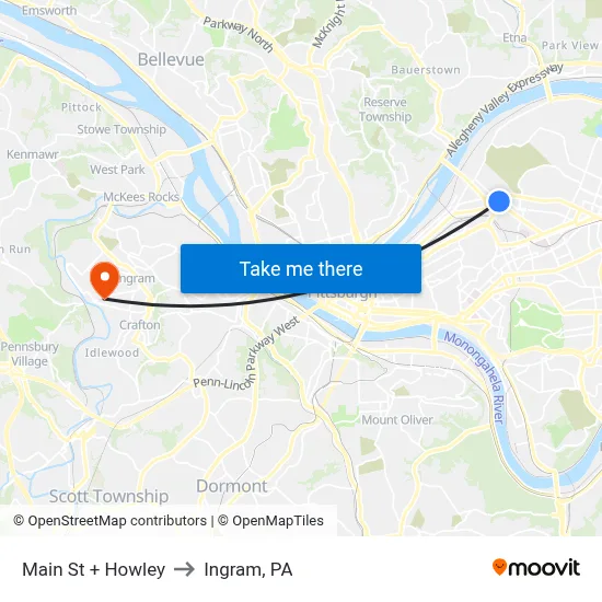 Main St + Howley to Ingram, PA map