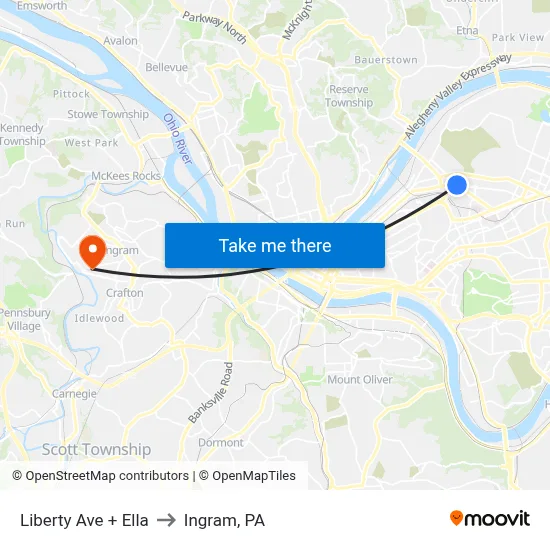 Liberty Ave + Ella to Ingram, PA map