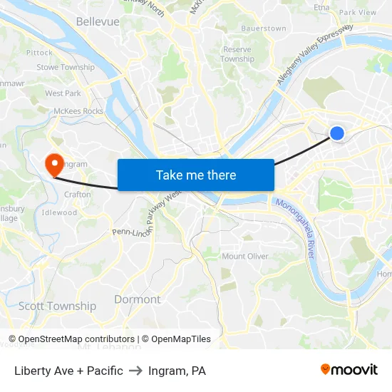 Liberty Ave + Pacific to Ingram, PA map