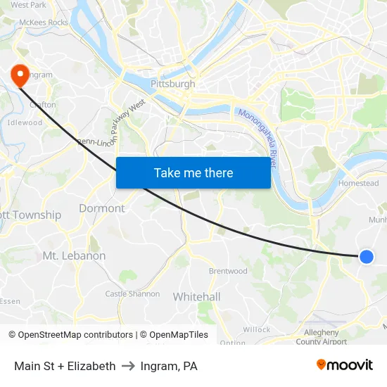 Main St + Elizabeth to Ingram, PA map