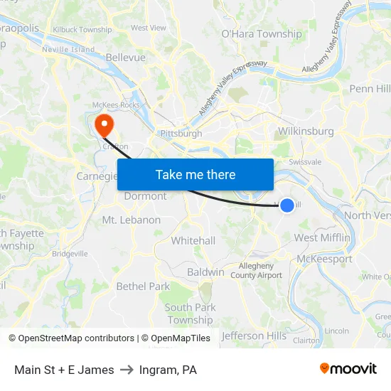 Main St + E James to Ingram, PA map
