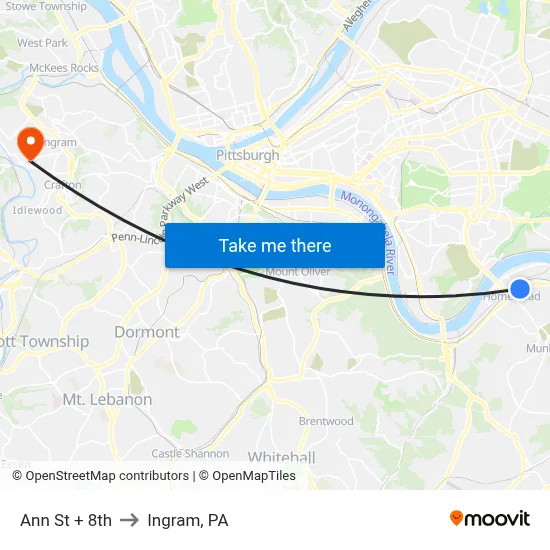 Ann St + 8th to Ingram, PA map
