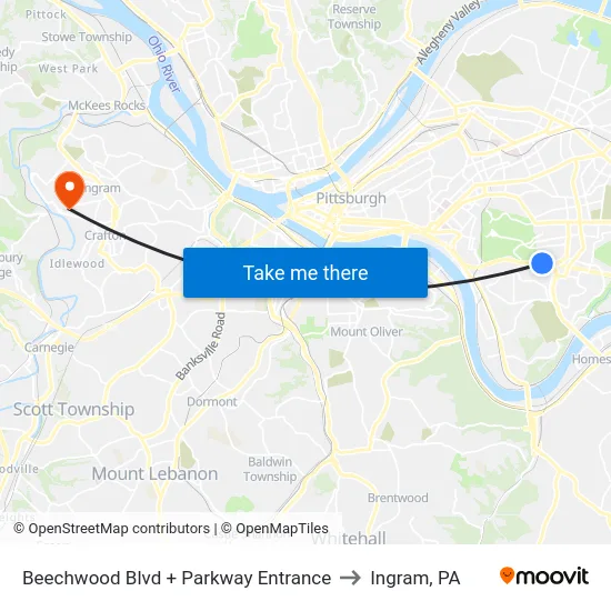 Beechwood Blvd + Parkway Entrance to Ingram, PA map
