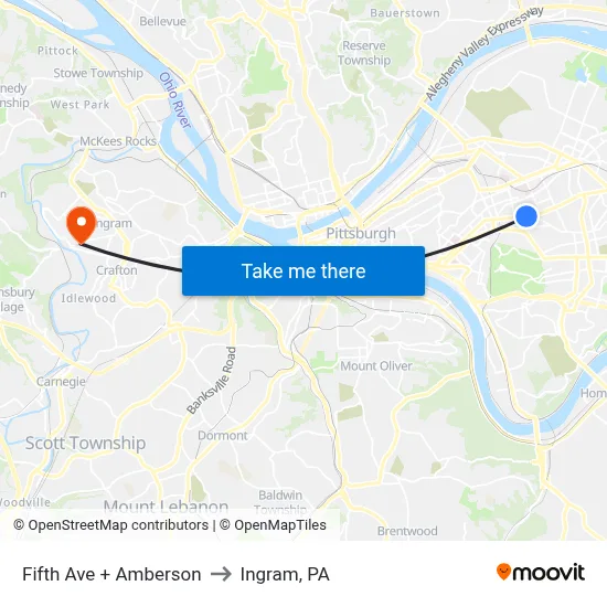 Fifth Ave + Amberson to Ingram, PA map