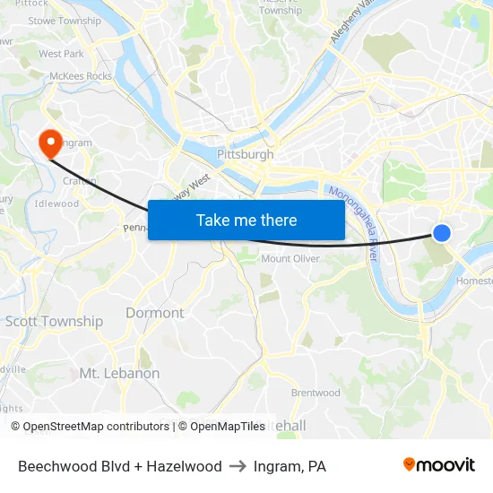 Beechwood Blvd + Hazelwood to Ingram, PA map