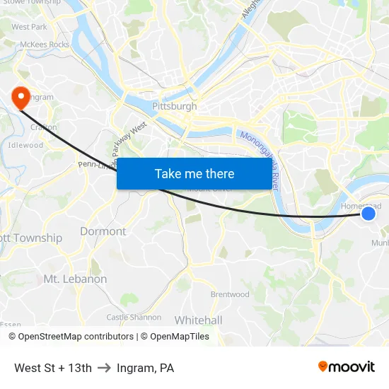 West St + 13th to Ingram, PA map
