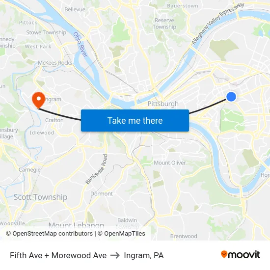Fifth Ave + Morewood Ave to Ingram, PA map