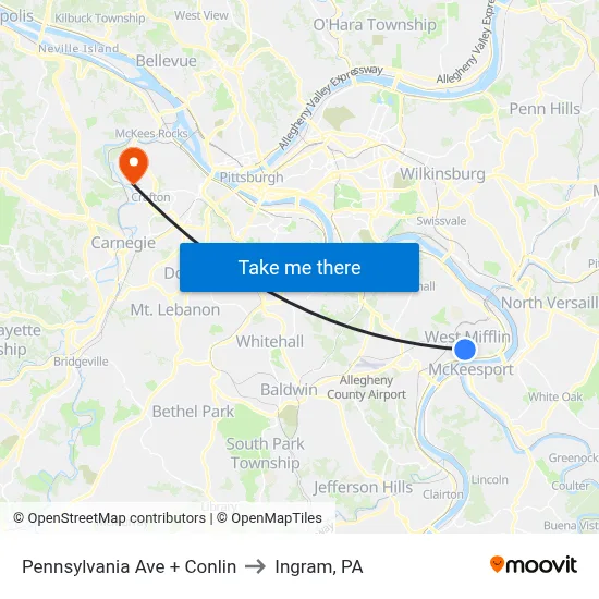 Pennsylvania Ave + Conlin to Ingram, PA map