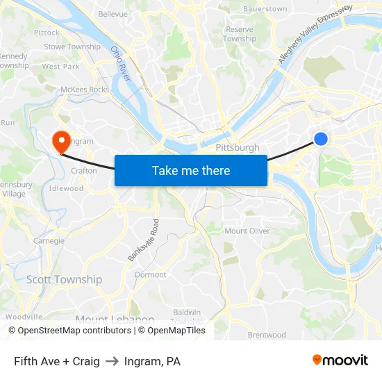 Fifth Ave + Craig to Ingram, PA map