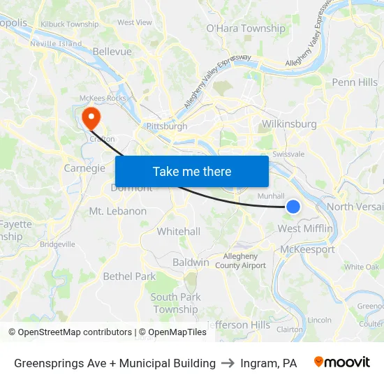 Greensprings Ave + Municipal Building to Ingram, PA map