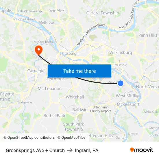 Greensprings Ave + Church to Ingram, PA map