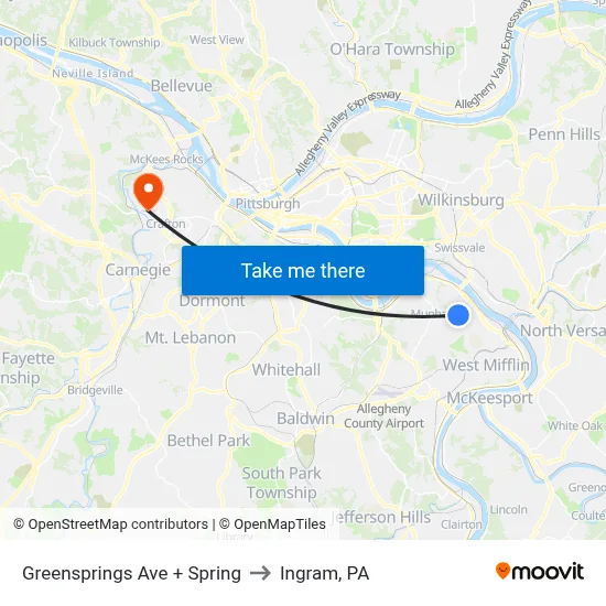 Greensprings Ave + Spring to Ingram, PA map