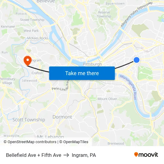 Bellefield Ave + Fifth Ave to Ingram, PA map