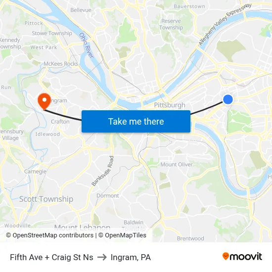 Fifth Ave + Craig St Ns to Ingram, PA map