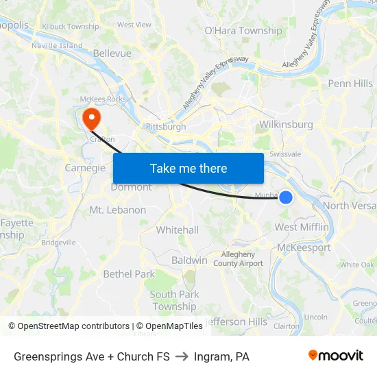 Greensprings Ave + Church FS to Ingram, PA map