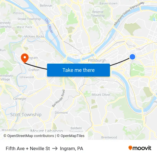 Fifth Ave + Neville St to Ingram, PA map