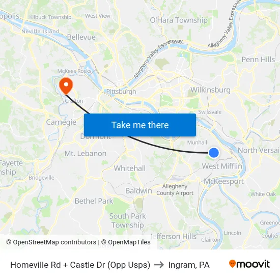 Homeville Rd + Castle Dr (Opp Usps) to Ingram, PA map