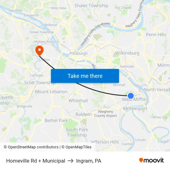 Homeville Rd + Municipal to Ingram, PA map