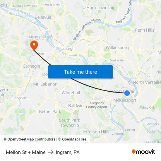 Mellon St + Maine to Ingram, PA map